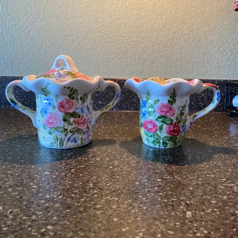Sugar and Creamer Set Beautiful Bright Colors Used